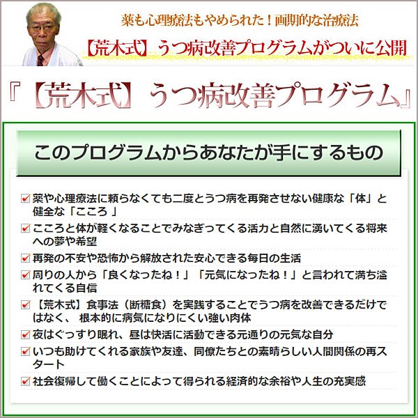 【荒木式】うつ病改善プログラム～薬も心理療法もやめられた画期的な治療法～,レビュー,検証,徹底評価,口コミ,情報商材,豪華特典,評価,キャッシュバック,激安