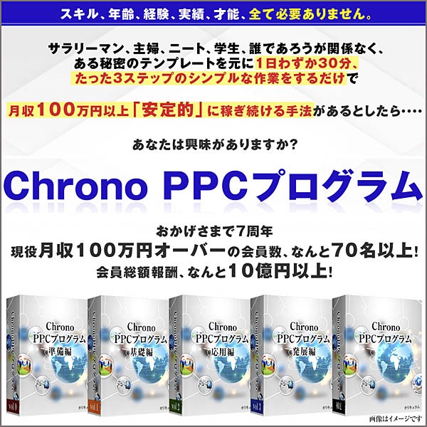 ChronoPPCプログラム-298af,レビュー,検証,徹底評価,口コミ,情報商材,豪華特典,評価,キャッシュバック,激安