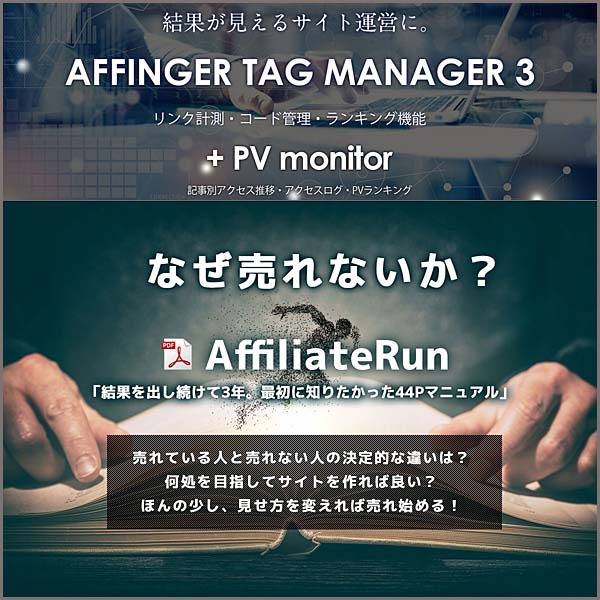 AFFINGERタグ管理マネージャー3とPVモニタープラグインのセット～PDFマニュアル「AffiliateRun～なぜ売れないか？」付き