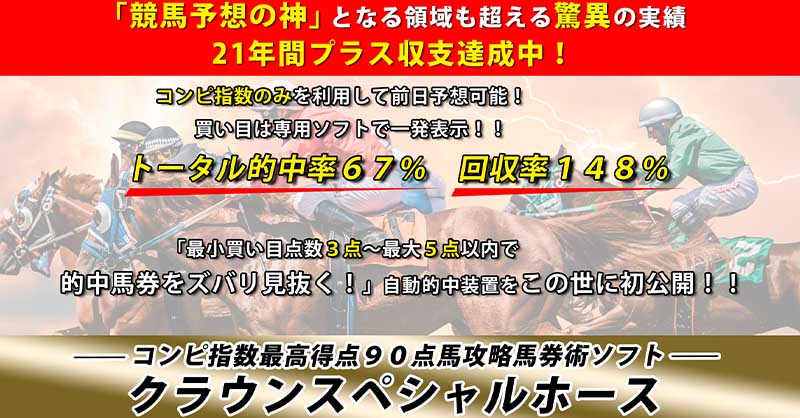 「的中馬券をズバリ見抜く！コンピ指数最高得点９０点馬攻略馬券術ソフト！」 クラウンスペシャルホース,レビュー,検証,徹底評価,口コミ,情報商材,豪華特典,評価,キャッシュバック,激安