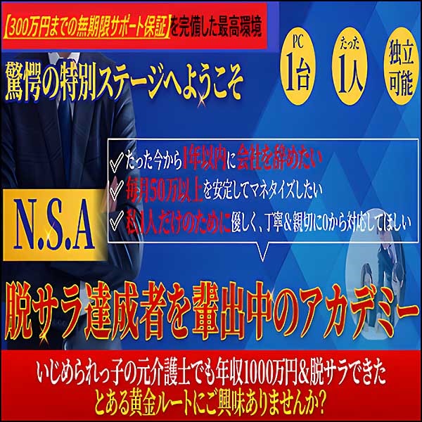 【ブッダ式コンサル】N.S.A：脱サラに向けた１年間マンツーマンコンサル『３００万円無期限サポート保証完備！』