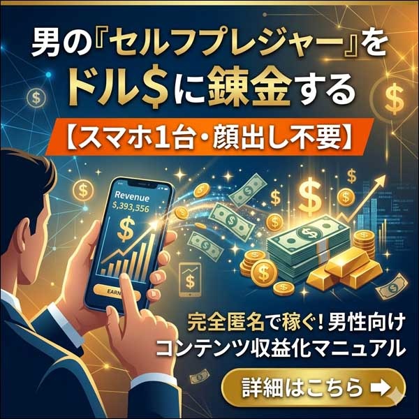 【スマホ1台・顔出し不要】男の「セルフプレジャー」をドル＄に錬金する,レビュー,検証,徹底評価,口コミ,情報商材,豪華特典,評価,キャッシュバック,激安
